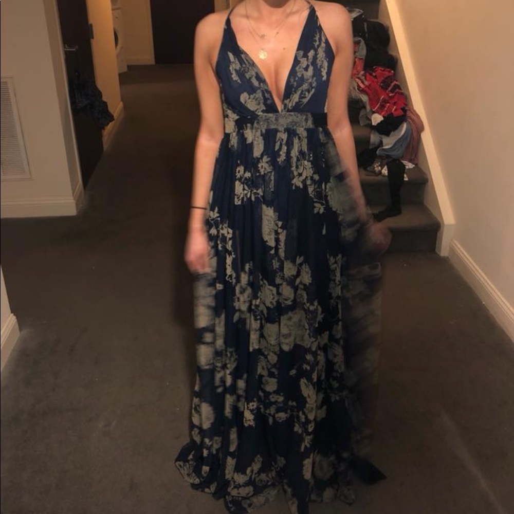 Navy Blue Floral Spaghetti Strap Formal Dress